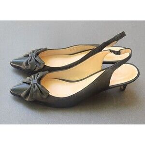 TALBOTS Jodee Black Leather Size 7M Shoes Bow Pointy Toe Slingback Kitten Heels